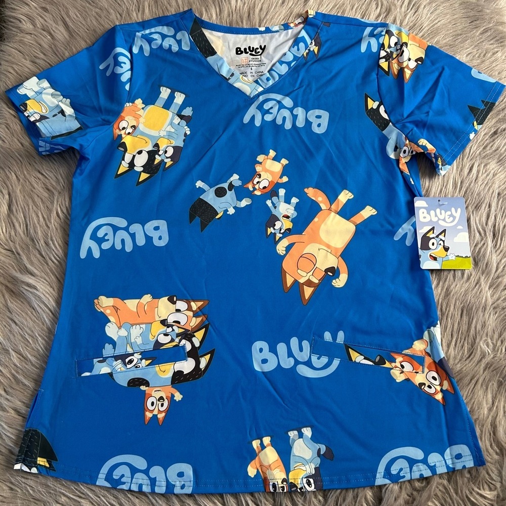 Bluey Scrub Top Women's Size Small Blue Short Sleeve Work‎ Shirt